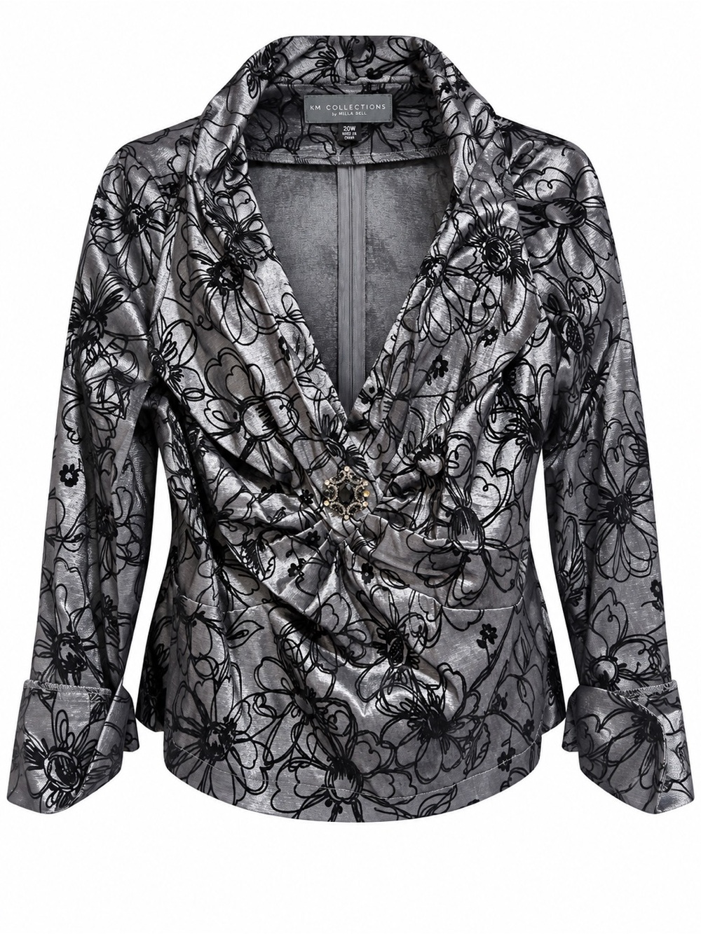 K.M. Collections Silver Floral Metallic Draped Blazer